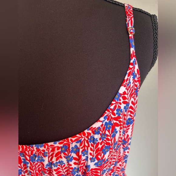 J. Crew Factory Ruffle Midi Curved Hem Dress 14 Women’s Red Blue Floral - Picture 4 of 8